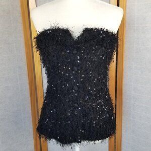 Zara Black Sequined Bustier Top Strapless Button Front Stretch Size Medium Fairy